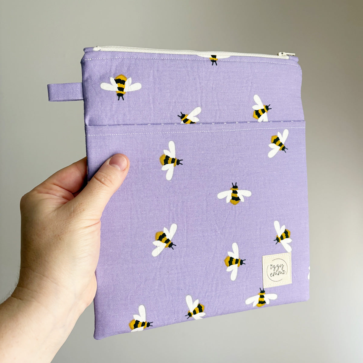 BOOK SLEEVE - KINDLE/IPAD MINI/BOOK ZIPPER POUCH - BEES IN PURPLE