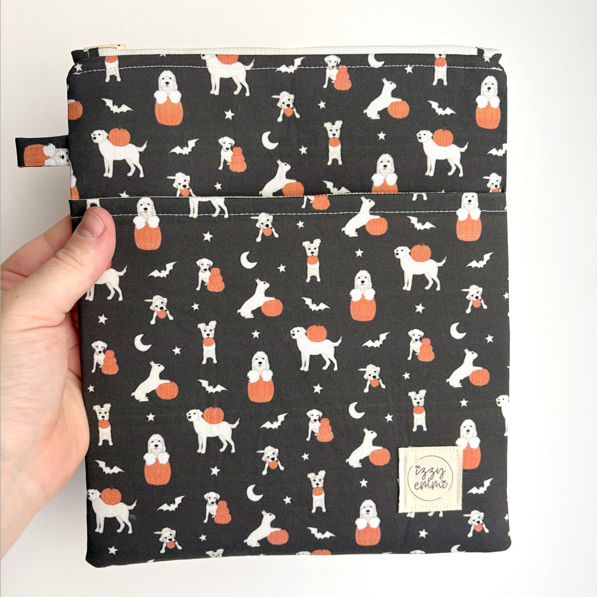 BOOK SLEEVE - KINDLE/IPAD MINI/BOOK ZIPPER POUCH - PUPS + PUMPKINS