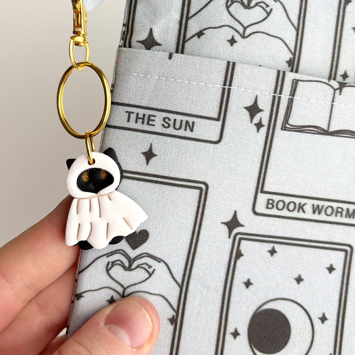 POLYMER KEYCHAINs + BAG CHARMS - HOODED GHOST CAT