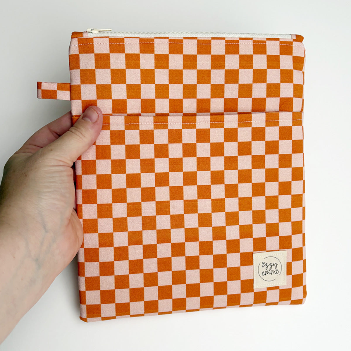 BOOK SLEEVE - KINDLE/IPAD MINI/BOOK ZIPPER POUCH - PINK + ORANGE CHECKS